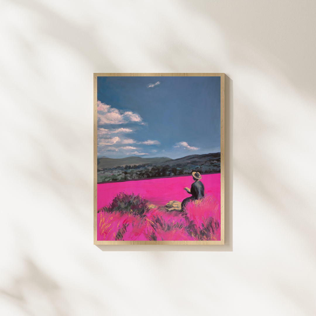 pink field painting in frame